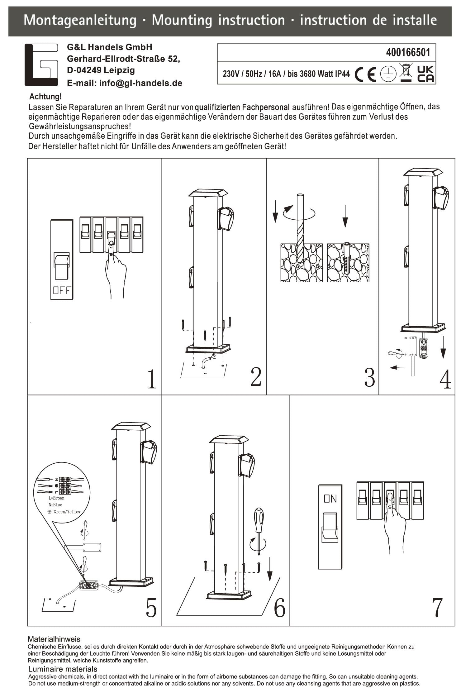 Garden - Columna de enchufes de acero inoxidable para exteriores, IP44, con 2 enchufes y 1 enchufe CEE de 16 A, color antracita, altura 50 cm