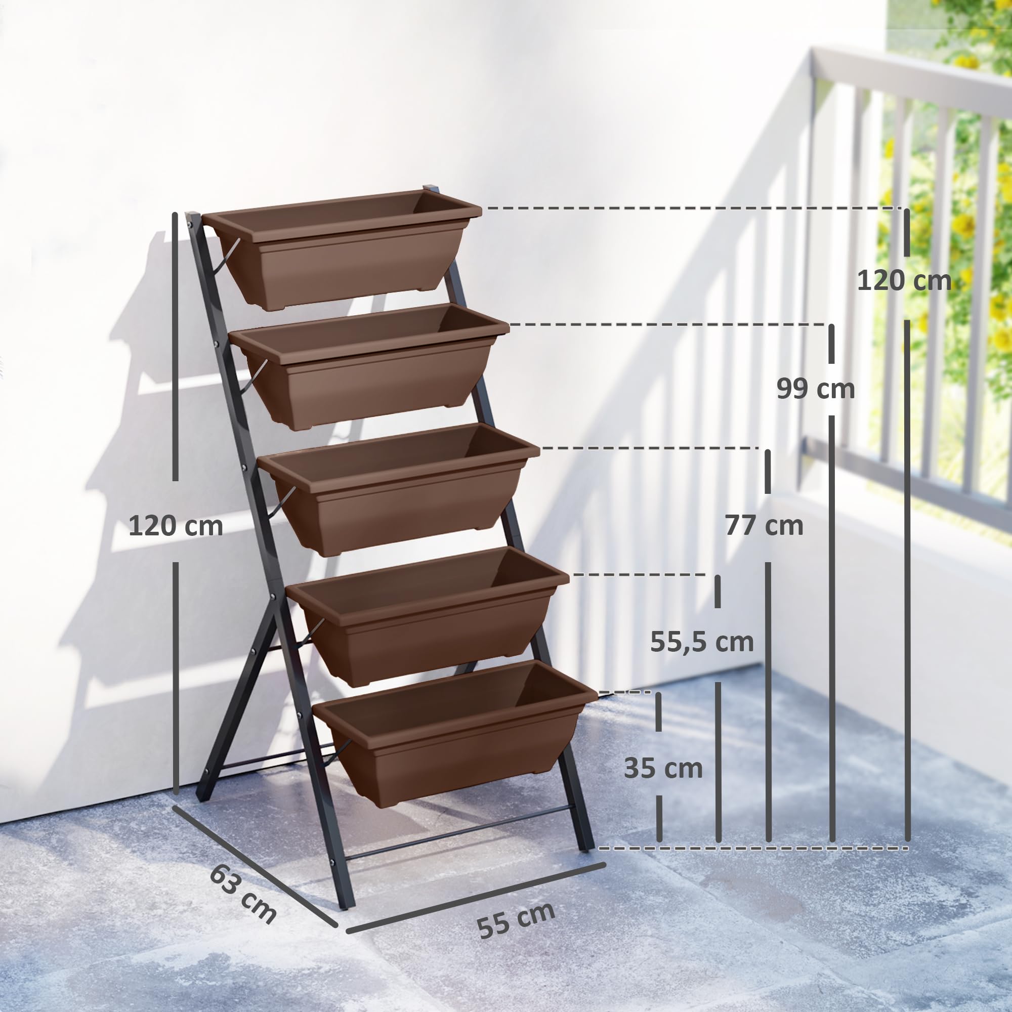 Outsunny Jardinière Surélevée avec Étages Verticale Cadre en Acier Marron | 5 Bacs à Fleurs, Trous de Drainage avec Bouchons en Caoutchouc, Escalier pour Plantes, Légumes, Herbes