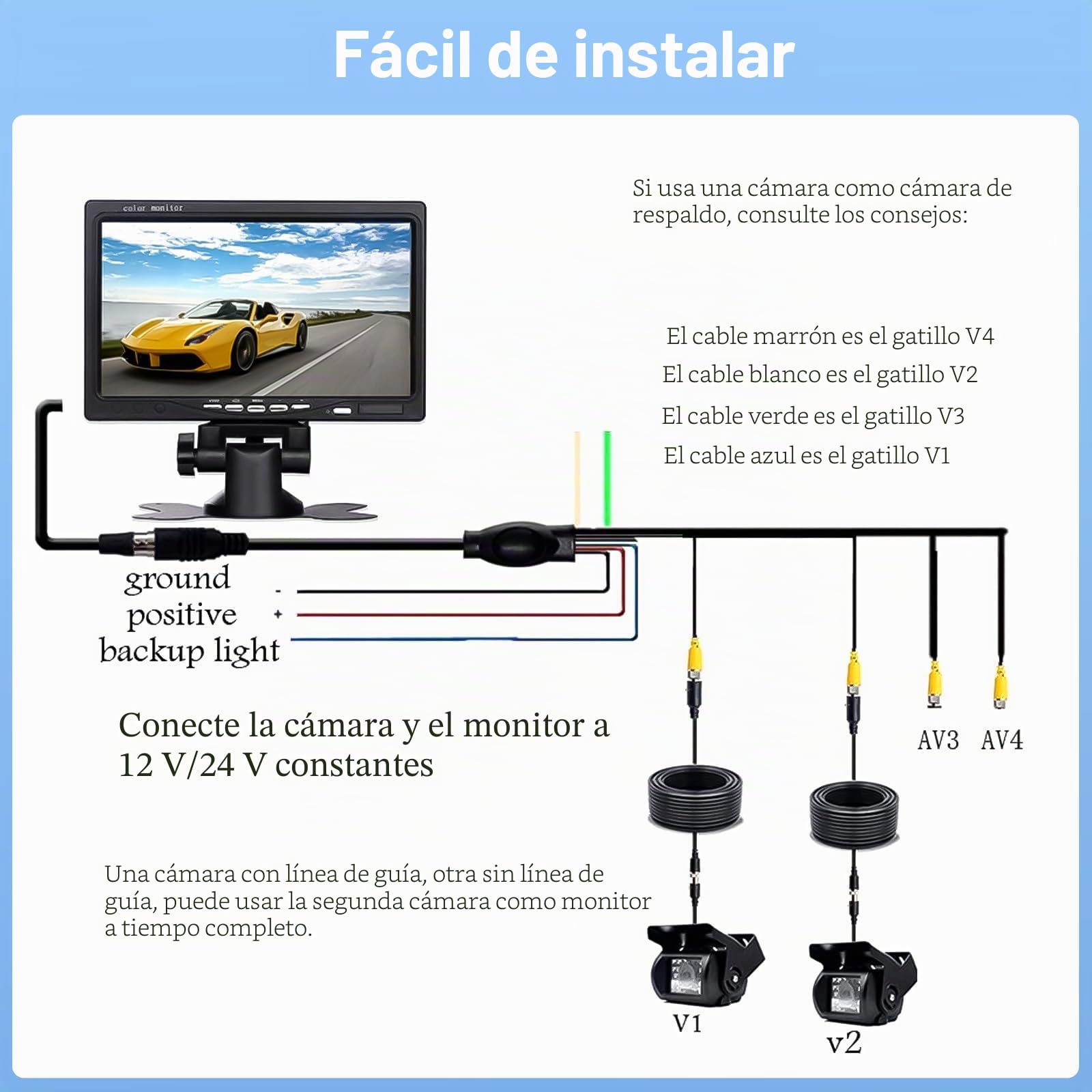 CAMECHO Cámara de Marcha Atrás con Pantalla de 7 Pulgadas 4 Split Monitor+ 2 Vision Nocturna Impermeable Cámara Trasera+ 4 Pines 33 ft Aviación Cables para Coche/RV/Autobús/Remolque(12V-24V)
