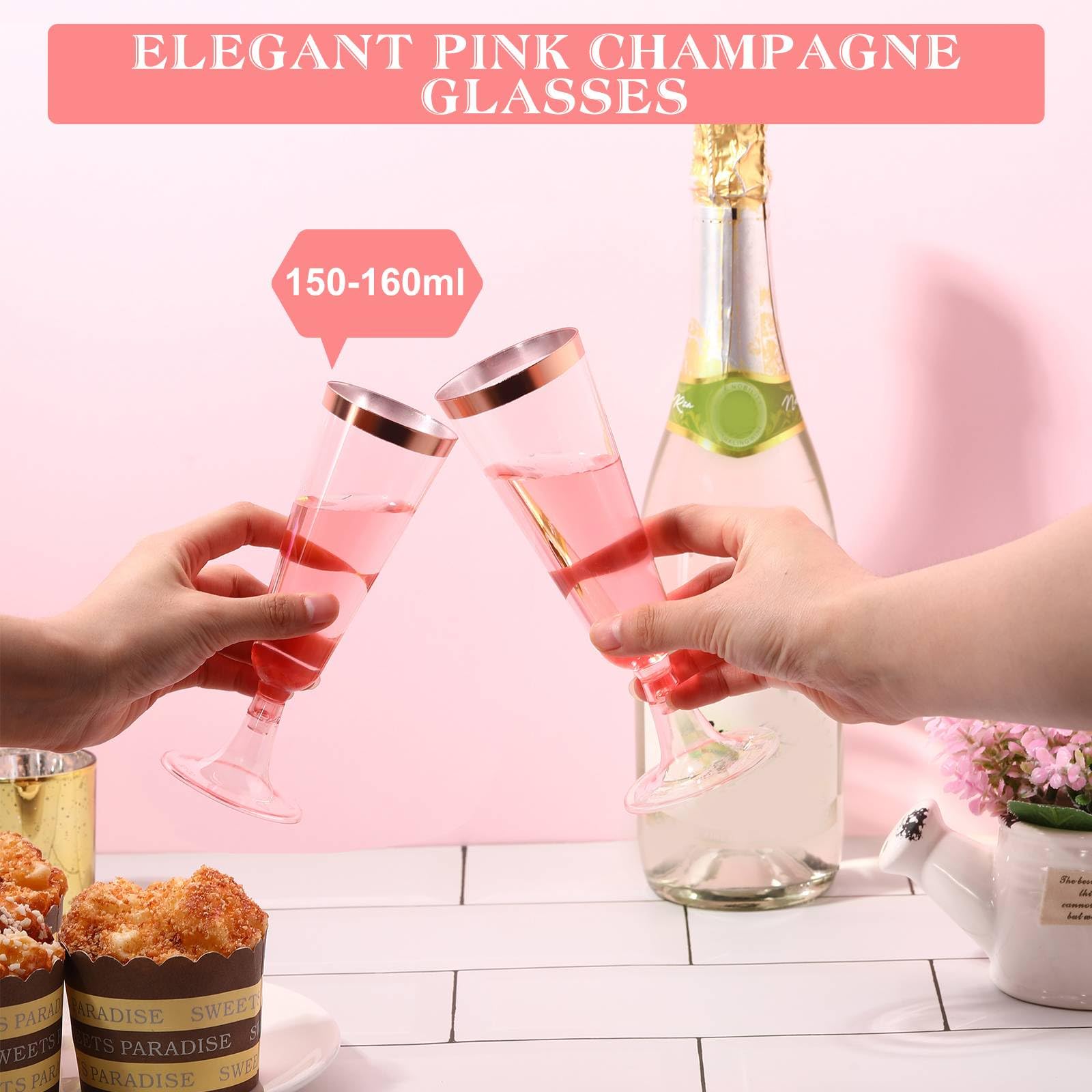 Dandat 100 copas de champán de 5 onzas, copas de champán de oro rosa, vasos de plástico rosa con borde de oro rosa, tazas de cóctel desechables para boda, tostadas, fiestas, cumpleaños, aniversario,