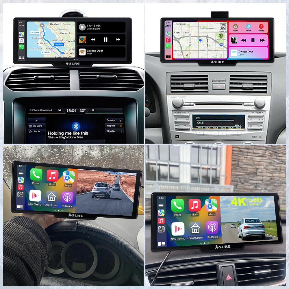 ACAVICA Schermo CarPlay Auto 9.26" Wireless CarPlay & Android Auto - Dashcam 4K, Retrocamera 1080P, TF 64GB, Bluetooth 5.0, WiFi 5GHz, Split Screen - Display multifunzione per auto 12-24V