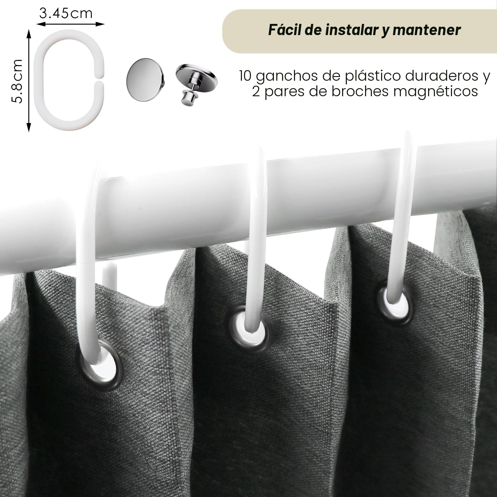 Cortina Ducha de Lino Plegable Impermeable, Gris, 130x200cm | Cortina de ducha magnética antimoho resistente para baño con ganchos , 210 g/m²