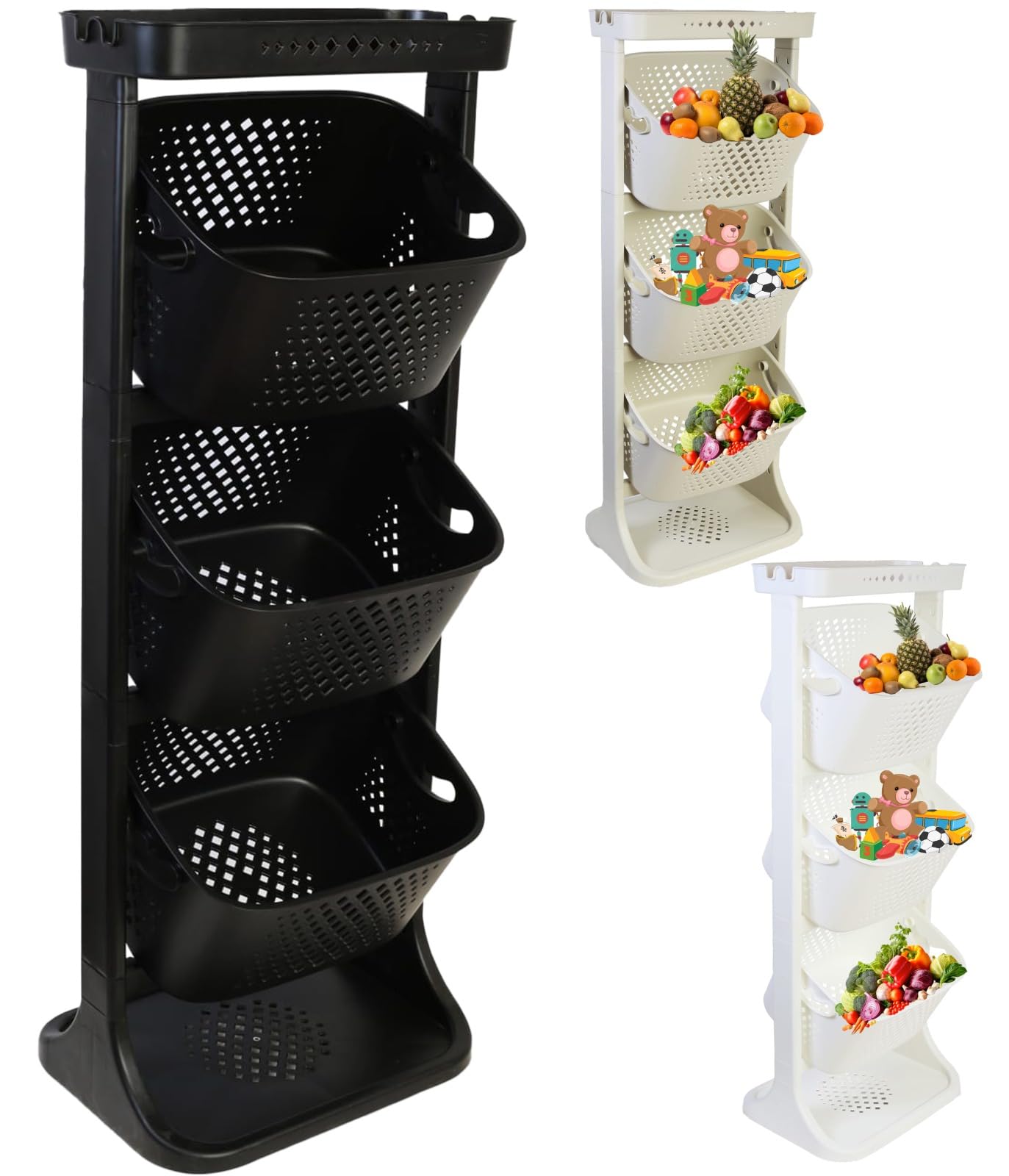 A406 Black-3 Tier Large New 3 Tier Fruit Vegetable Rack Kitchen Pantry Storage Rack Kitchen Utility Garage Strong Plastic Kitchen Fruit Stand Shelf Stackable Baskets Food Veg Rack Shelf Living Room (Black-3 Tier)