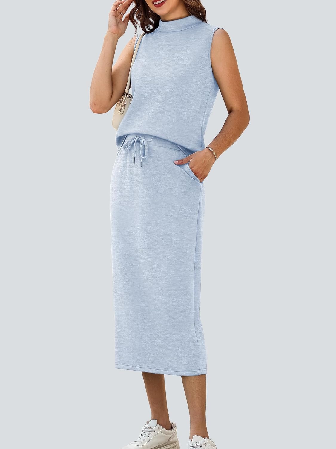 Casly Lamiit Women's 2 Piece Set Summer Casual Sleeveless Mock Neck Top Midi Skirts Lounge Travel Outfit - Image 3