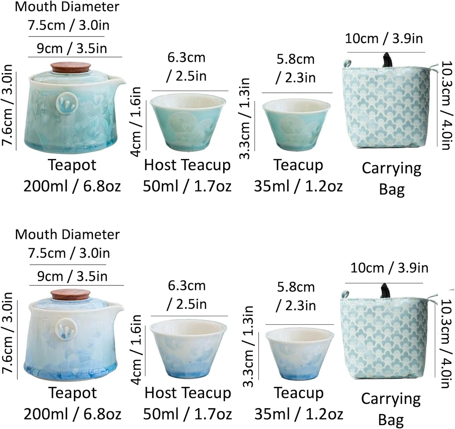 Hermit Life Chinese Travel Tea Set, Portable Ceramic Teapot for One to Two, Gongfu Tea Set with Crystal Glaze, 1 Pot 2 Cups, Gift for Tea Lovers (Mint Green) - Image 2