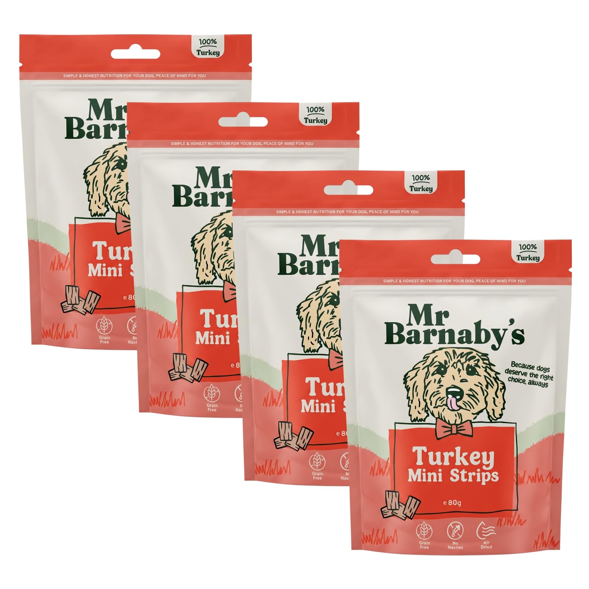 Mr Barnaby's Turkey Strips for Dogs - Air-Dried 100% Natural Turkey, 4 x 80g - Grain Free Hypoallergenic, Gluten Free, High Protein Meat Chews For Dog Training, Suitable for Puppy, Adult & Senior