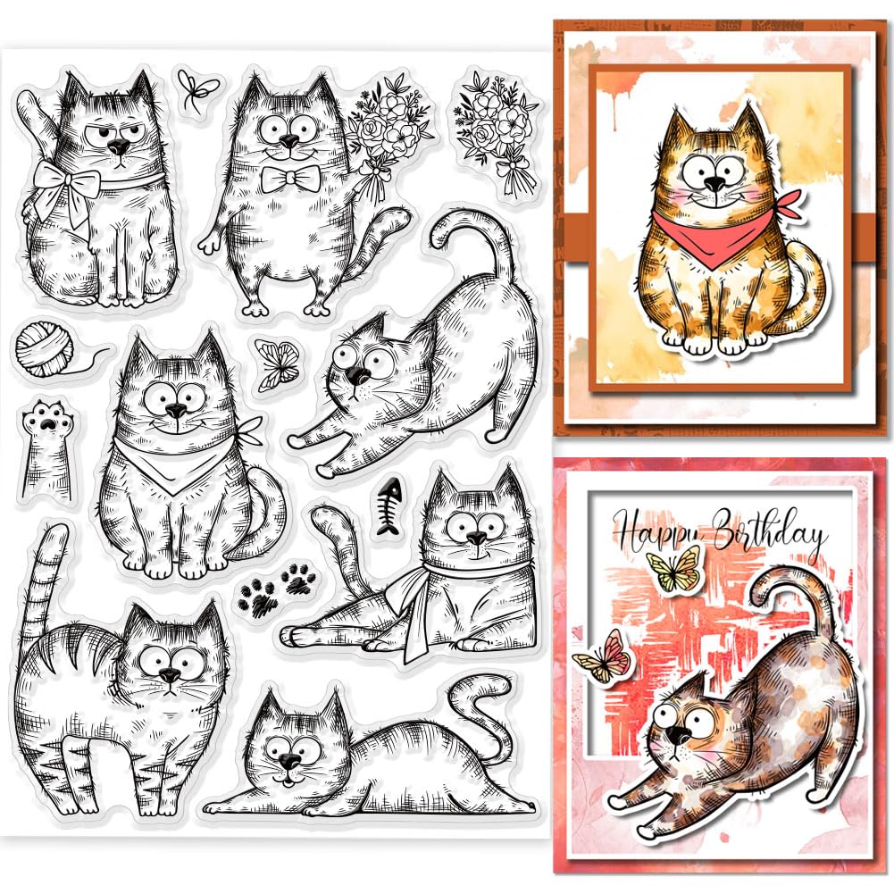 GLOBLELANDCartoon Cat Clear Stamps for DIY Scrapbooking Lovely Cat Flower Silicone Stamp Seals for Cards Making Photo Album Journal Home Decoration 8.27×5.83inch