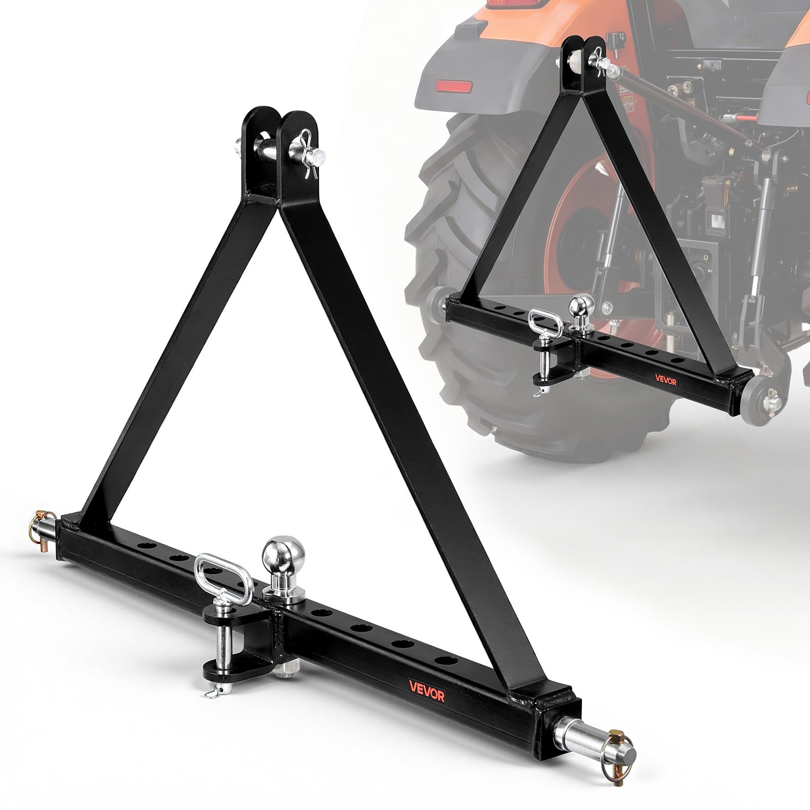 VEVOR Enganche de Remolque de 3 Puntos, Adaptador de Acoplamiento con Enganche de Cabeza Esférica, Compatible con Tractores de Categoría 2 de Kubota Mahindra Ford Yanmar John Deere Massey Ferguson