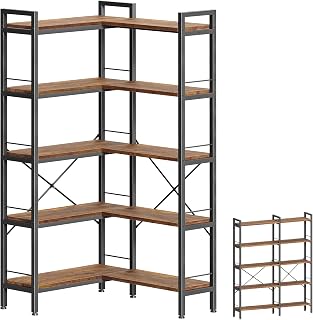 Huuuger 5-Tier L-Shaped Corner Bookshelf, 10 Open Shelves, 49.4" Wide Rustic Brown Bookcase with Metal Frame