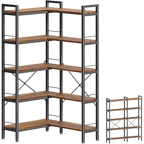 Huuger 5 Tier Bookshelf, L Shaped Corner Bookshelf with 10 Open Shelves, 49.4 Inch Straight Wide Bookcase with Metal Frame and Wooden Board, Adjustable Feet, Rustic Brown