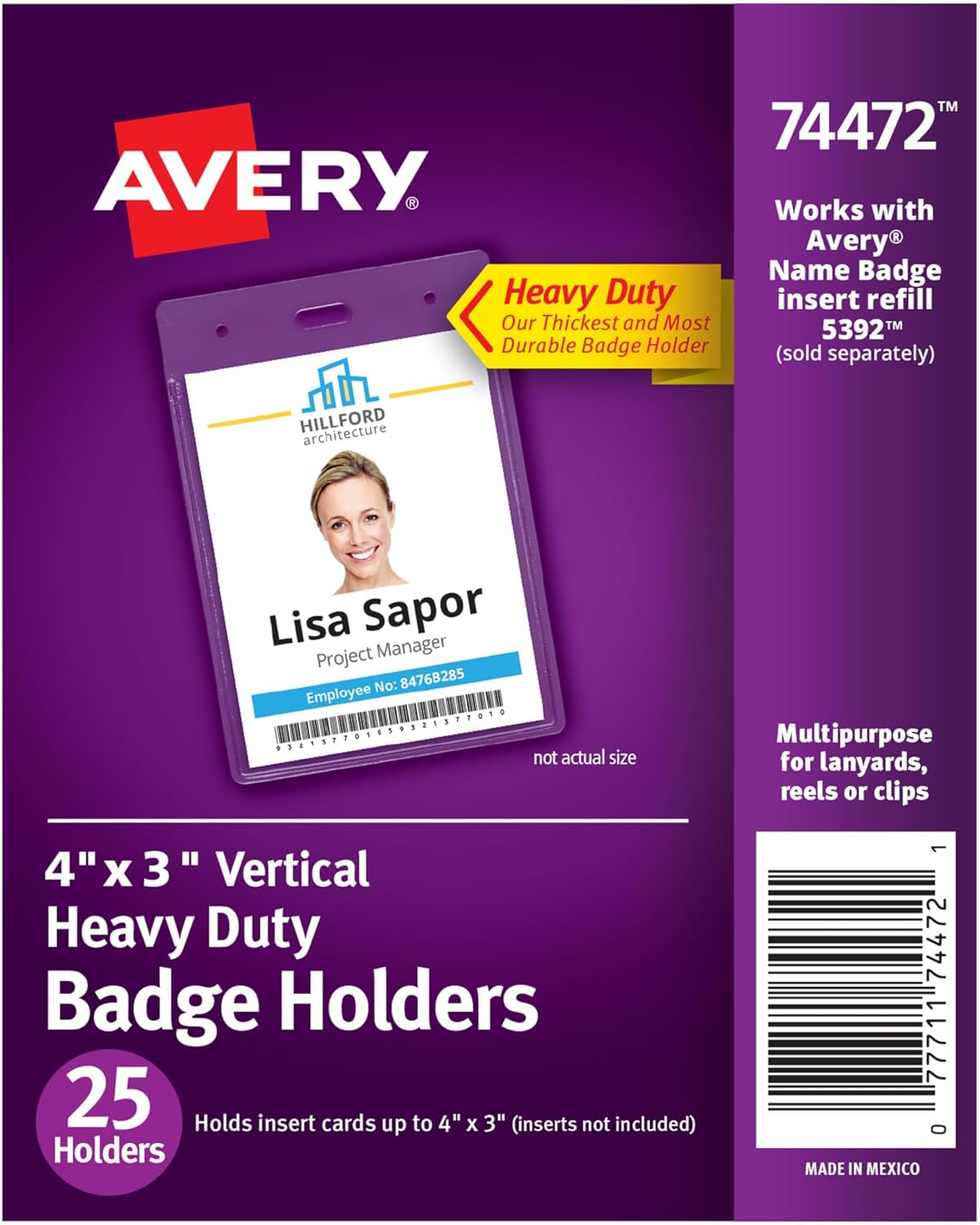 Avery Heavy Duty Badge Holders, 4" x 3", 25 Vertical ID Badge Holders (74472)