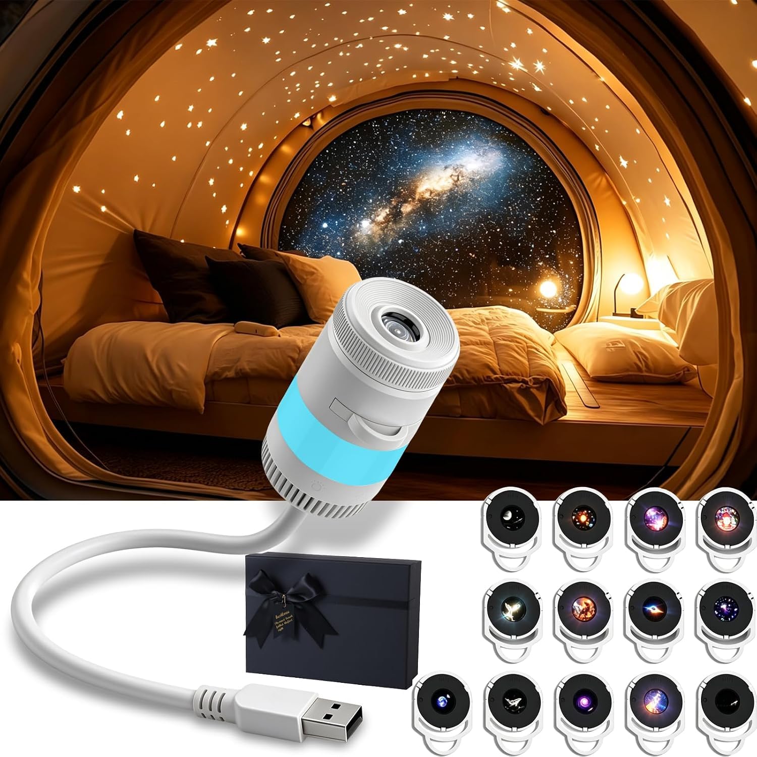 2026 Upgraded Galaxy Projector Lamp with 13 Switchable Films, USB Star Moon Night Light with 10 Colors, 360° Adjustable Gooseneck Starry Sky Projection for Bedroom, Ceiling, Living Room Decor