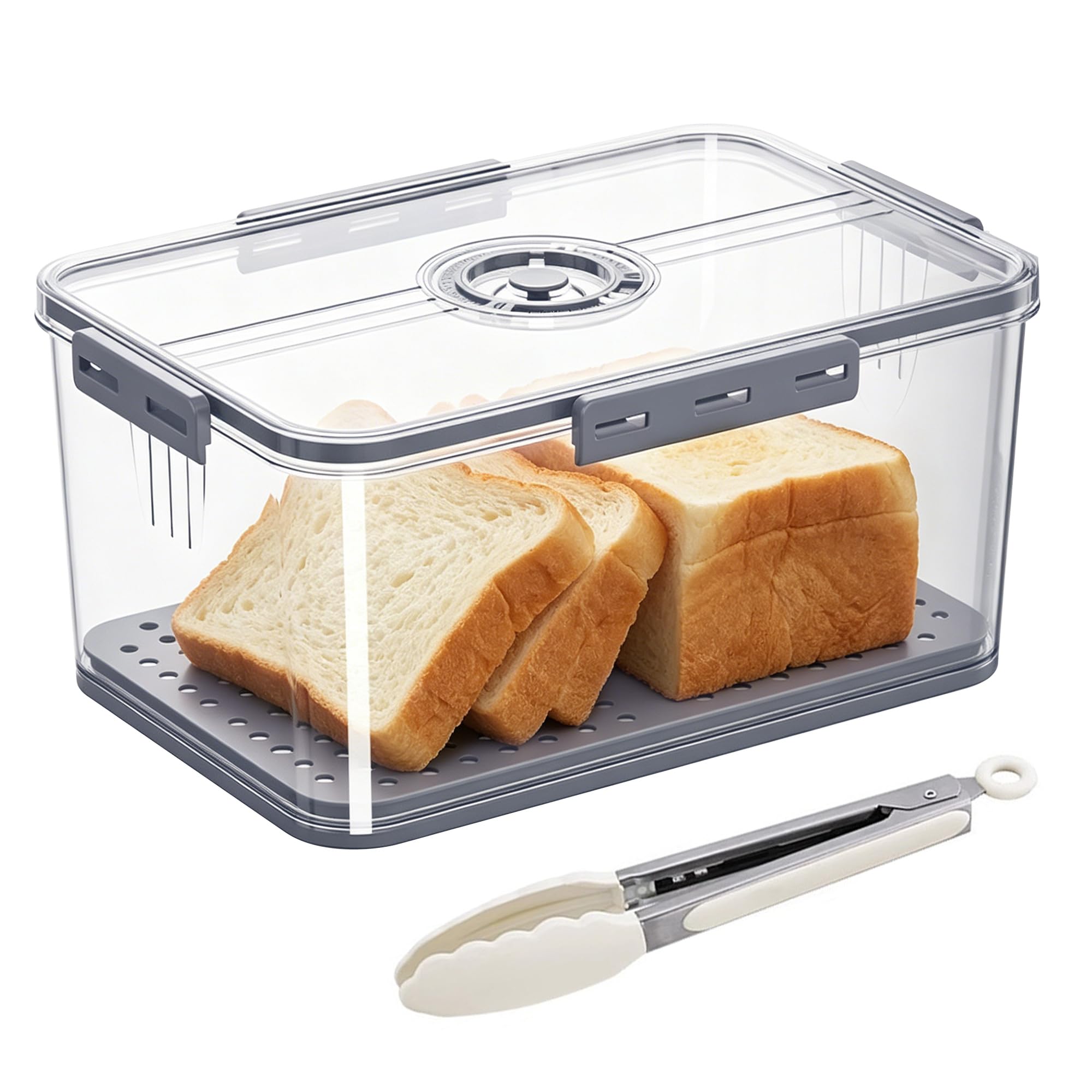 Luckezo Bread Box with Lid and Handle, New Upgrade Time Recording Bread Storage Container for Kitchen Counter Airtight, Bread Keeper for Homemade Bread, Toast, Bagel, Donut and Cookies, Grey