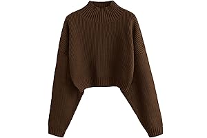 Women's Cropped Turtleneck Sweater Lantern Sleeve Ribbed Knit Pullover Sweater Jumper