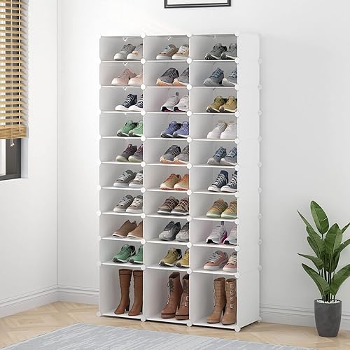 Miniatura 2 de Aeitc Zapatero organizador de almacenamiento de plástico de 33 cubos, gabinete modular para entrada, armario, color blanco