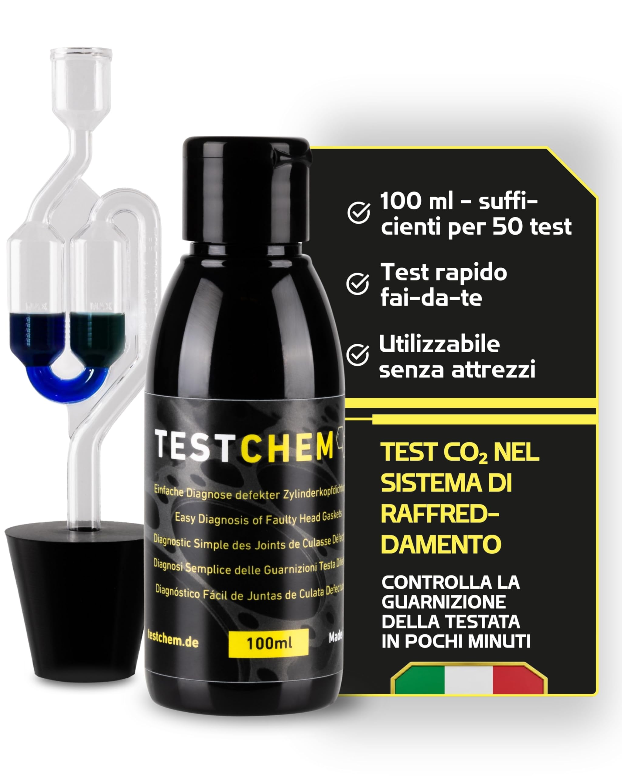 TESTCHEM Tester Guarnizione Testata CO2 100ml – Kit Test Perdite Gas di Scarico Raffreddamento Auto – Ideale Prima di Steel Seal – Universale per Auto, Camion e Motori Raffreddati a Liquido