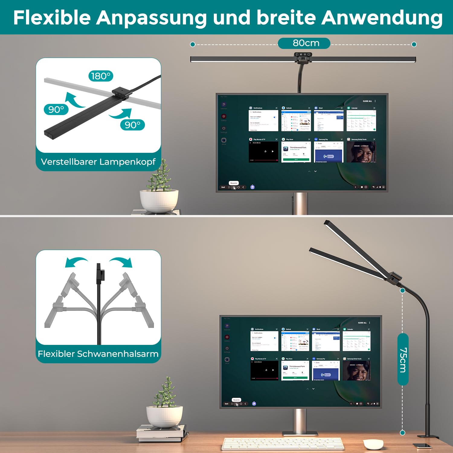 vatato Doppelkopf Schreibtischlampe LED, Dimmbar 24W 80CM Schreibtischlampe für Homeoffice, klemmbar Augenschutz Tageslichtlampe mit Fernbedienungen, 5 Farb 5 Helligkeit Büro Tischlampe (schwarz)
