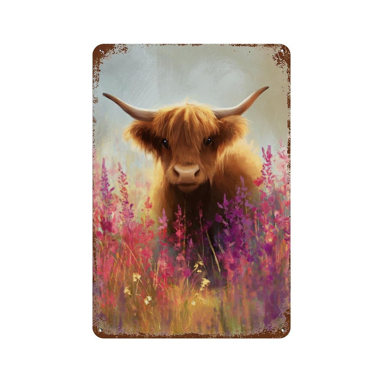 Garage Style Highland Cow in Flowers Distressed Metal Wall Sign 11.8"x7.9", Rustic Home Decor for Bar And Workshop