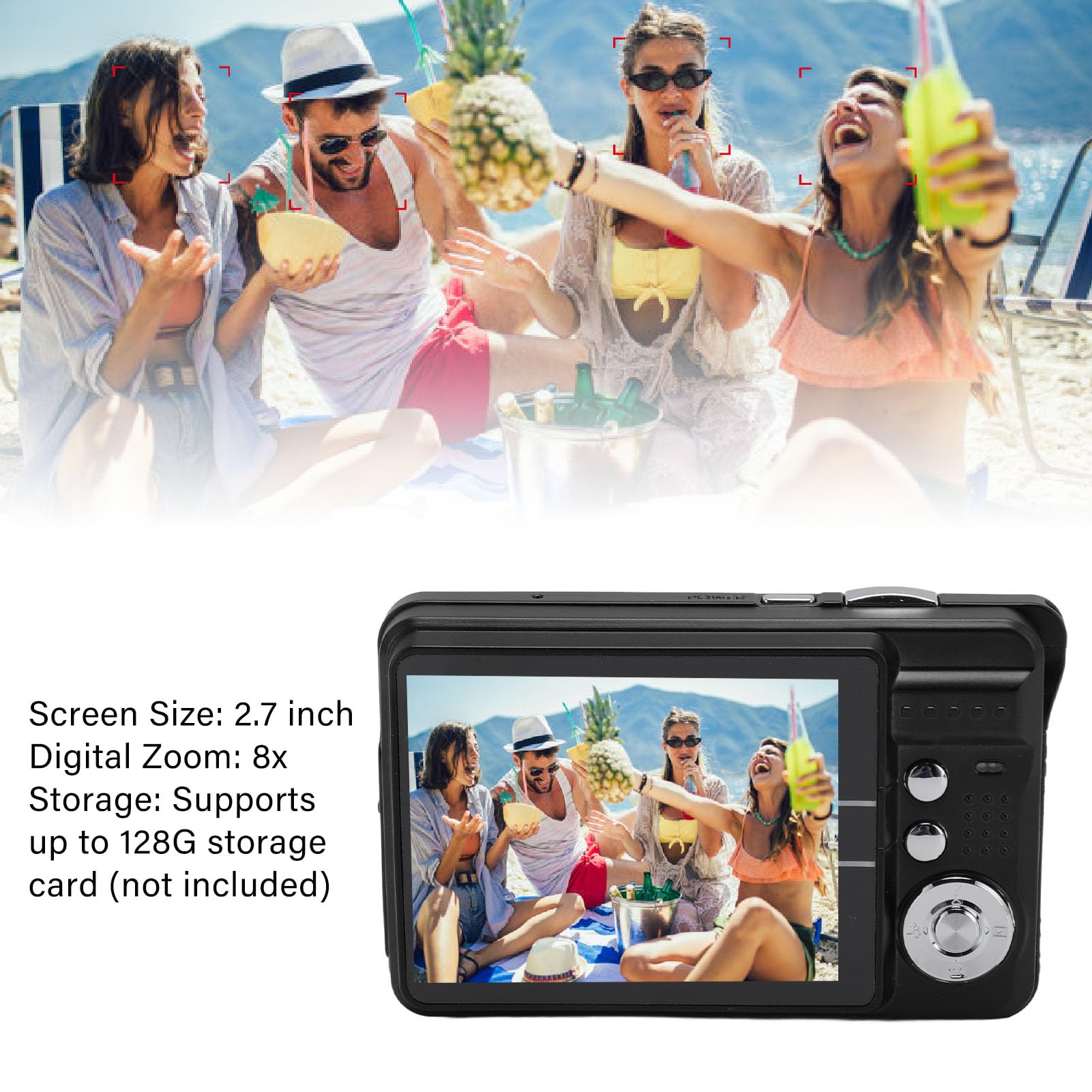 Fotocamera Digitale 4K per Fotografia, Fotocamera Compatta HD con Zoom 8X Anti-vibrazione e Messa a Fuoco Automatica con Schermo da 2,7 Pollici, Bellezza Automatica, Fotocamera