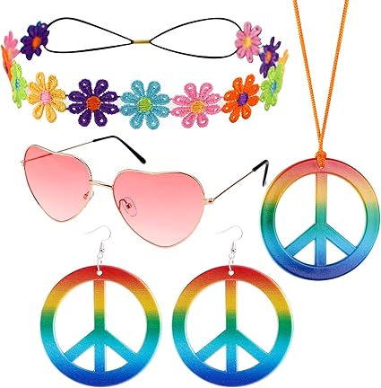 Set Accessori Hippie Anni 60-70 - Occhiali, Fasce Capelli E Collane Peace Per Feste E Carnevale - Foto 11