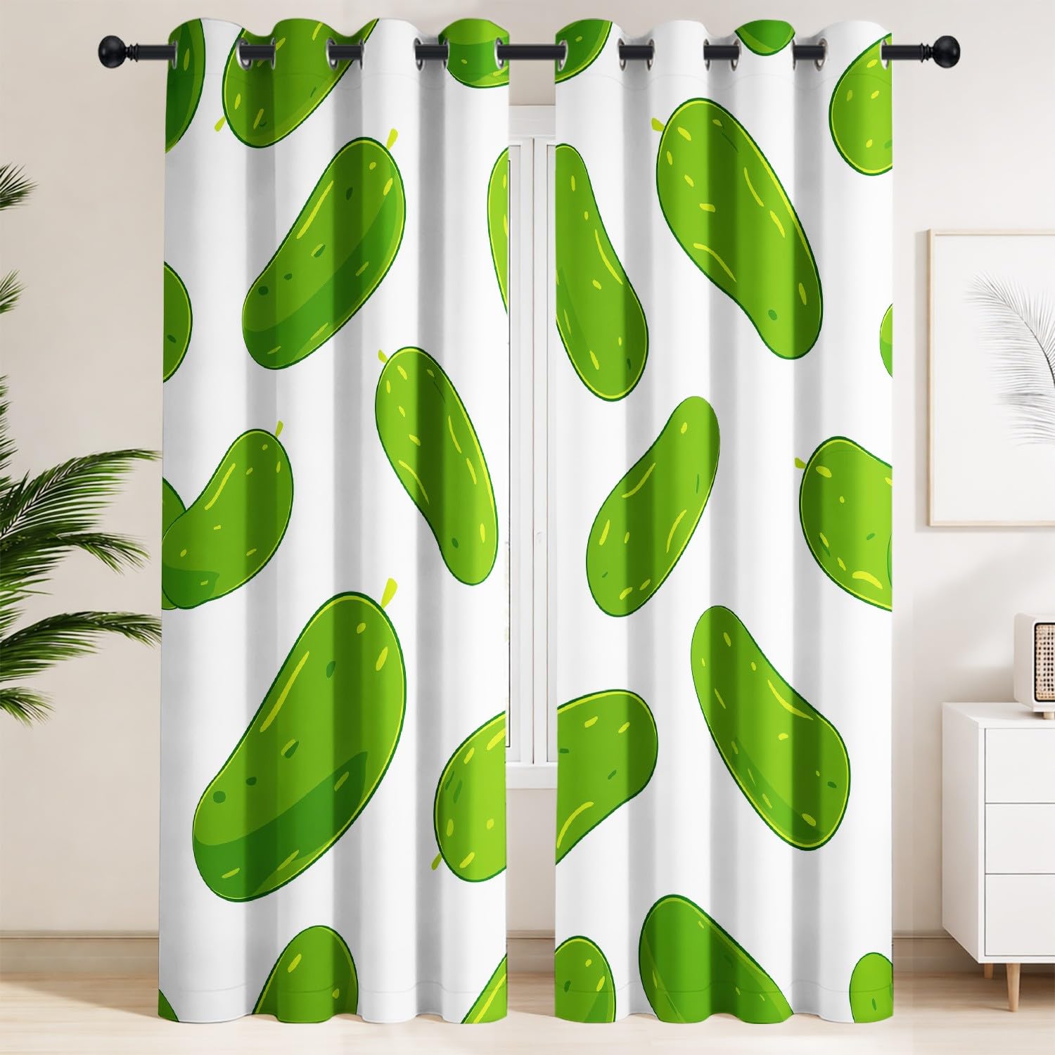 Generisch Minimalistische Pop-Art Vorhänge Blickdicht & Verdunkelung, 2er Set B 140 x H 260 cm, Lustige Grüne Gewürzgurke auf Weißem Hintergrund Thermogardinen mit Geräuschreduzierung