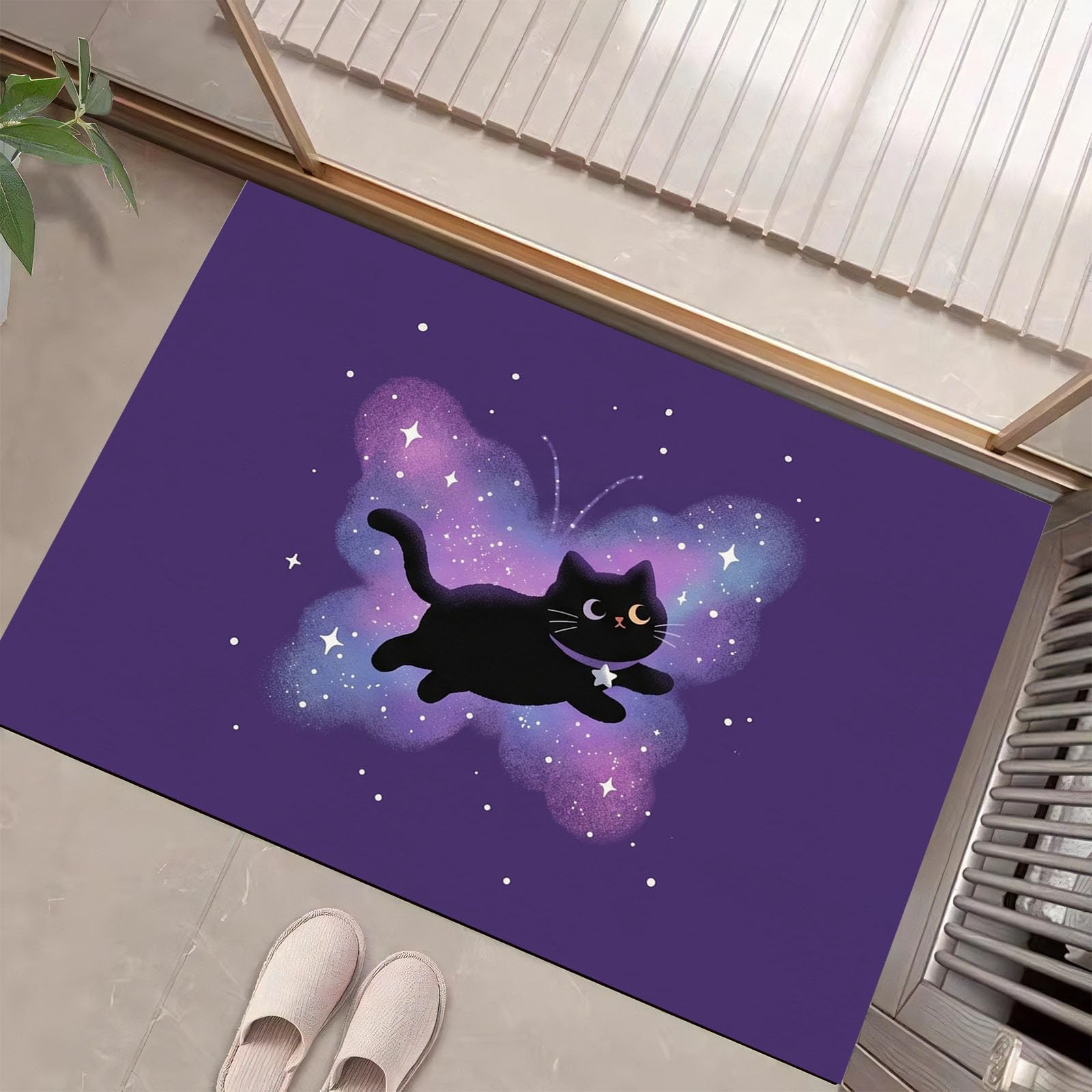Felpudo de Entrada 90x150cm, Alfombra Misterioso Gato Espacial Atrapapolvo Alfombra Mariposa Gato Negro Antideslizante Lavable, Alfombrilla con Microfibras Suaves para Puerta, Pasillo, Morado Intenso