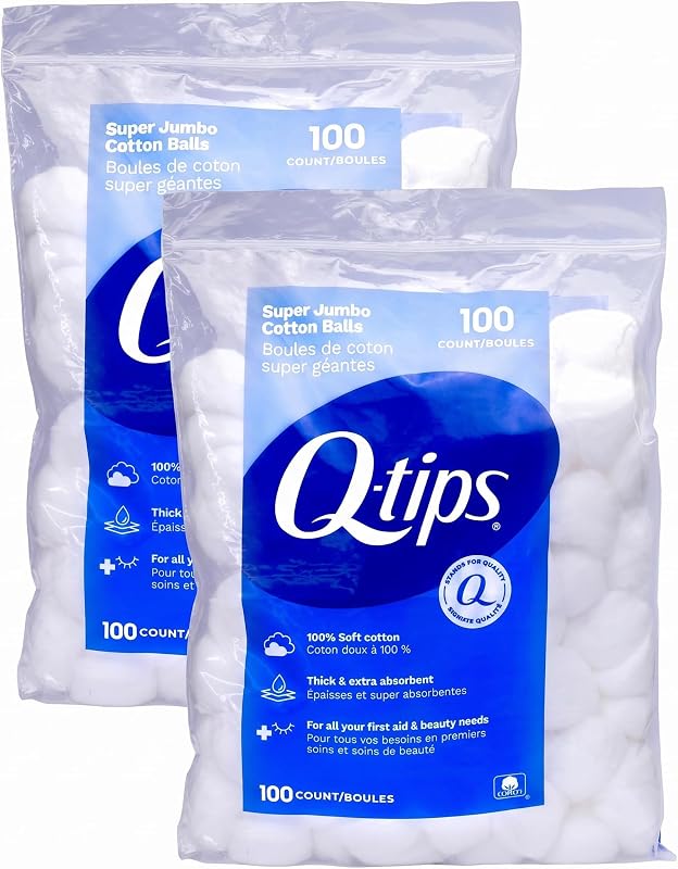 Q-tips Bolas de Algodão Super Jumbo, 100% algodão, Pacote com 2 de 100 unidades