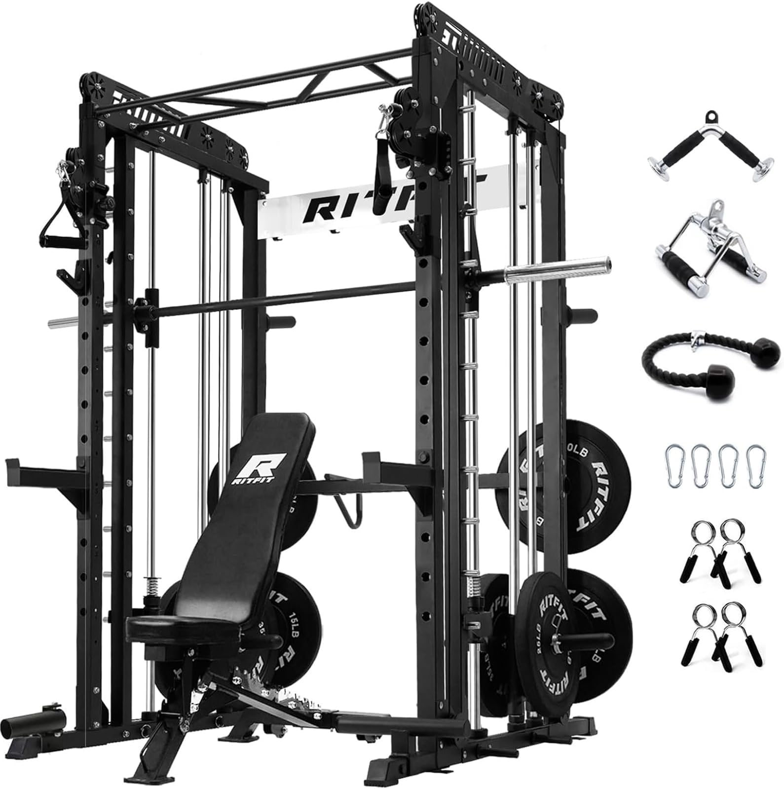 RitFit M1 Pro Smith Machine with Cable Crossover System, Multi-Function Squat Rack Power Cage for Home Gym, Power Rack and Packages