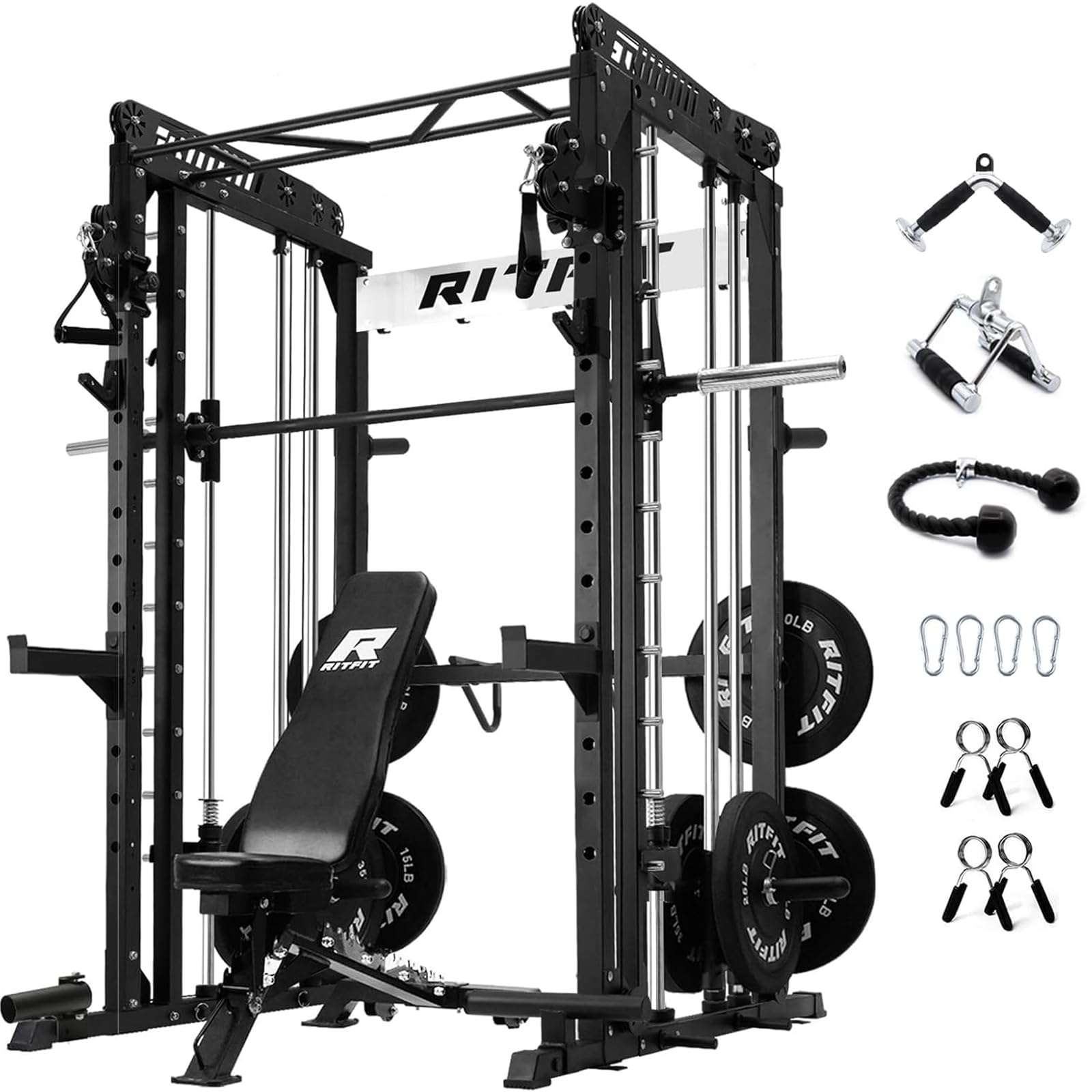 RitFit M1 & M1 Pro Smith Machine with Cable Crossover System, Multi-Function Squat Rack Power Cage for Home Gym, Power Rack and Packages