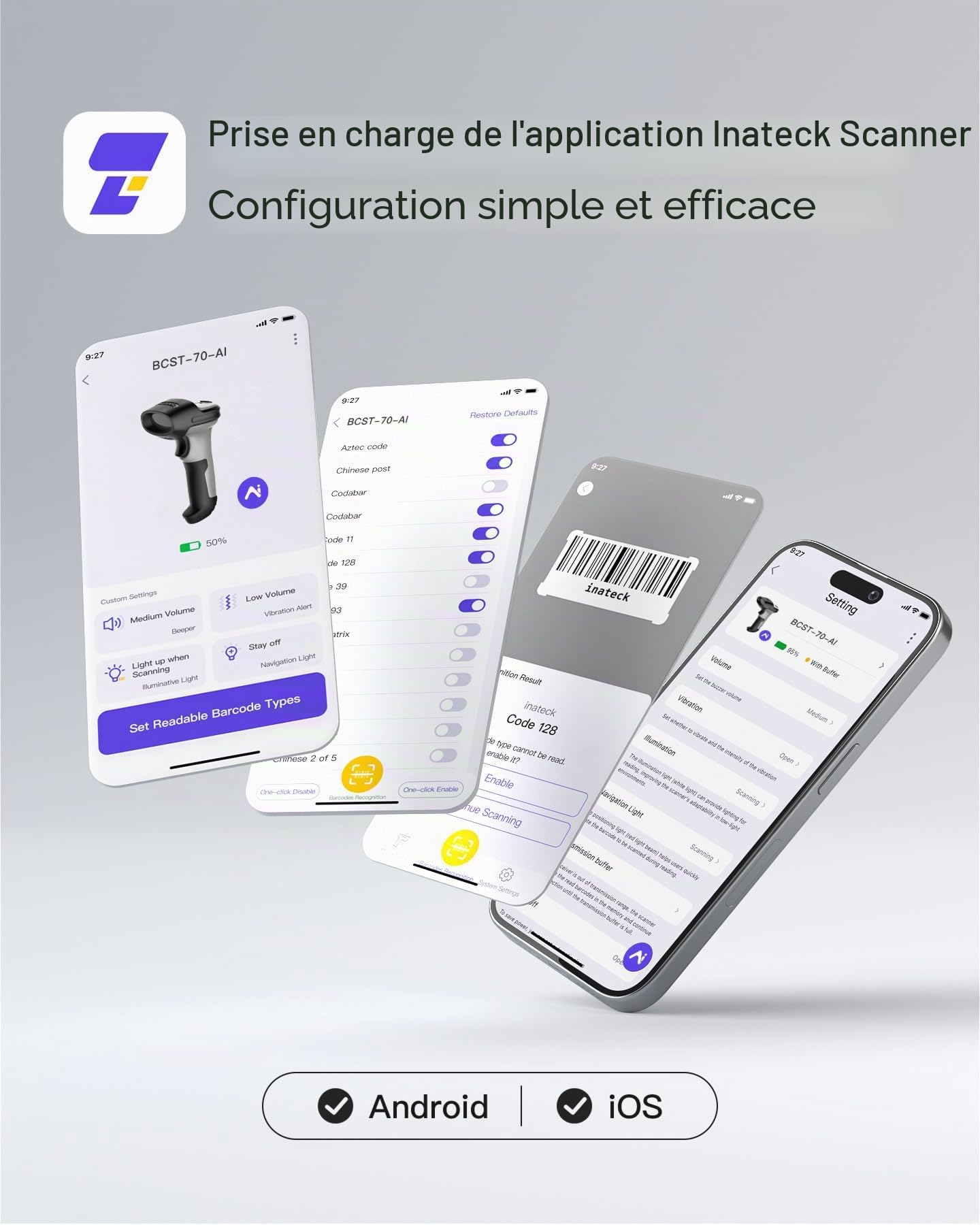 Inateck AI Lecteur Code à Barres, Barcode Scanner Bluetooth, Douchette Lecteur de Code Barre USB sans Fil 1D avec APP et SDK, 180 Jours en Veille avec Une Seule Charge, Rapide et Précise, BCST-70 AI