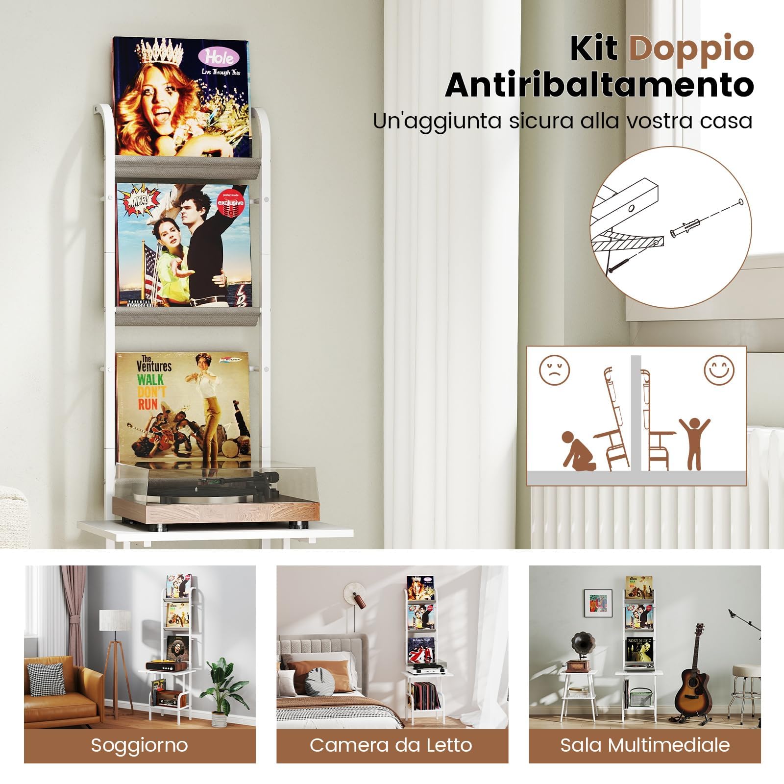 RELAX4LIFE Supporto per Giradischi, Scaffale Esposizione Vinili a 5 Livelli, Telaio in Metallo, Supporto per Giradischi con Porta Vinili, 50 x 51 x 145 cm (Bianco)