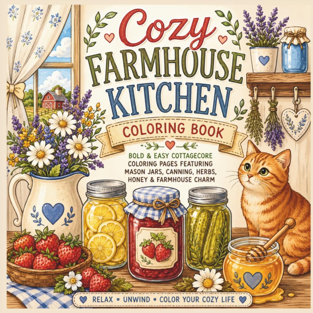 Cozy Farmhouse Kitchen Coloring Book: Bold & Easy Cottagecore Coloring Pages Featuring Mason Jars, Canning, Herbs, Honey & Farmhouse Charm