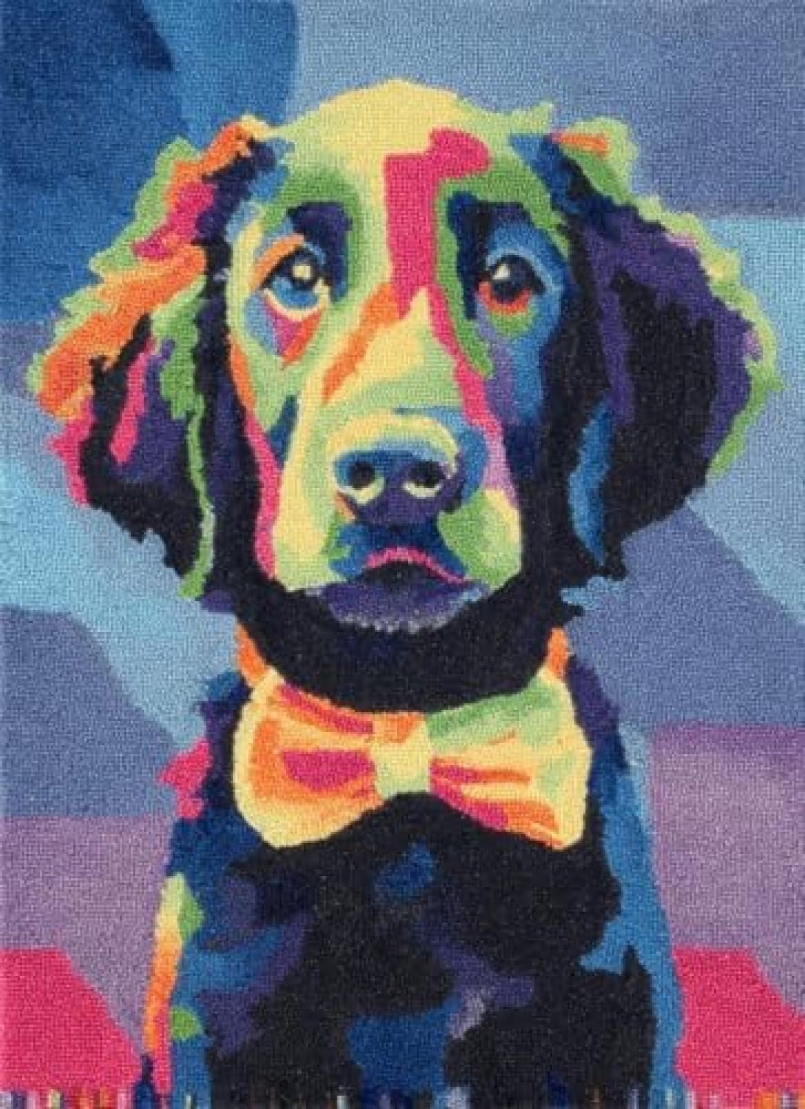 XDEGHUANGSS Latch Hook Rug Kit Flat-Coated Retriever Puppy with A Bow Tie Cushion Cover DIY Craft Set Pre-Printed Mat 38x52cm for Home Decor