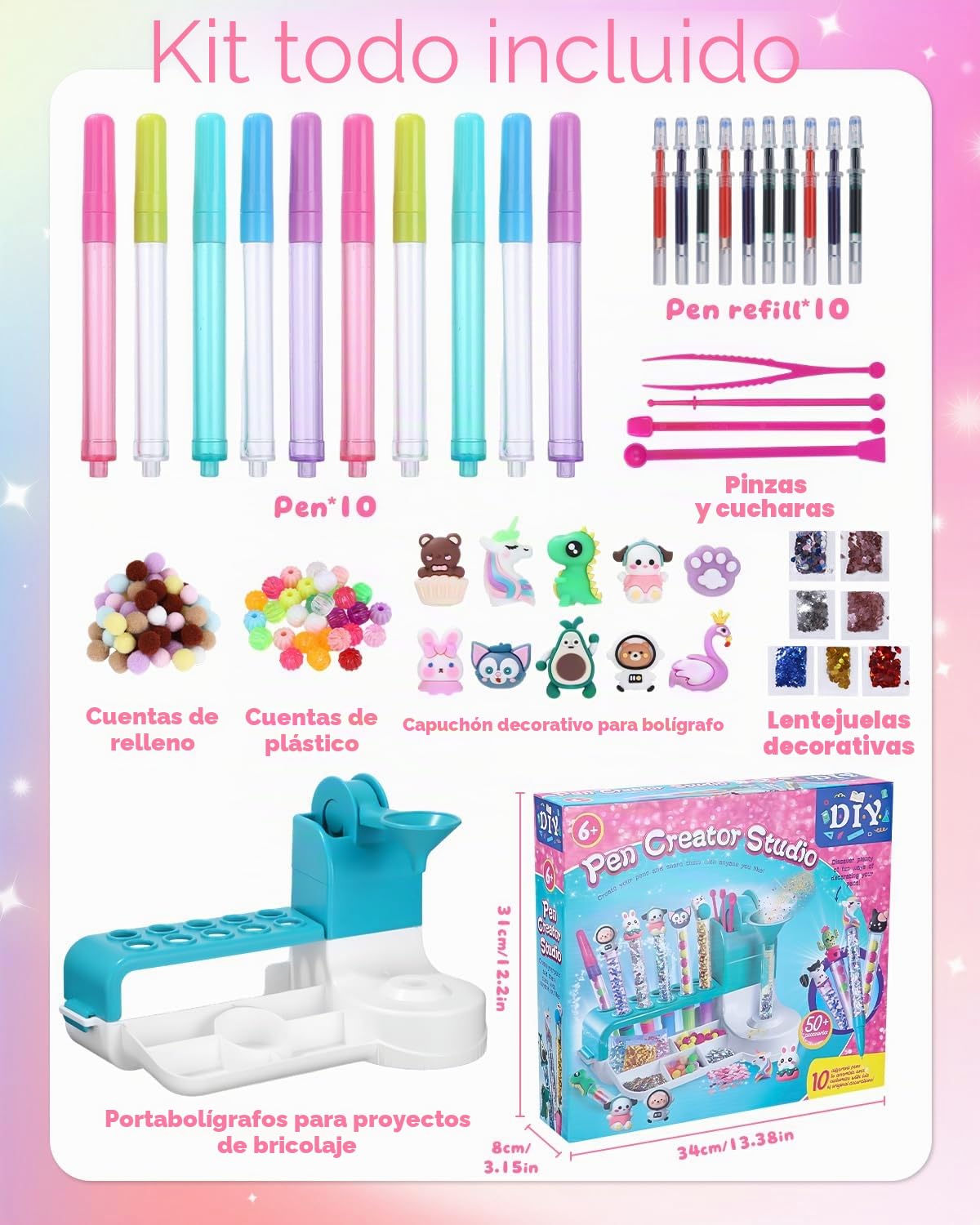 Set de plumas de bricolaje para niños a partir de 6 años, con 50 accesorios para 10 plumas personalizadas (purpurina, plumas, personajes), set creativo como regalo para el cumpleaños de los niños y el