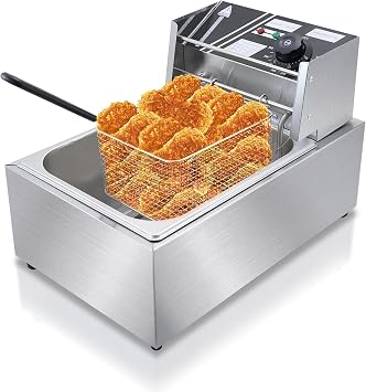 Commercial Deep Fryer with Baskets, 2500W Thickened Stainless Steel Electric Oil Fryer, Large Capacity with Temperature Control 6L