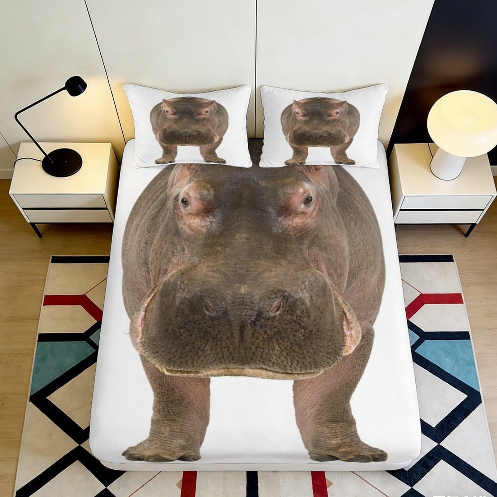3D Printed Hippo Animal Fitted Sheet Microfiber Anti-Slip Bed Cover for Bedroom Guest Room Mattress Decor 90x200x25cm