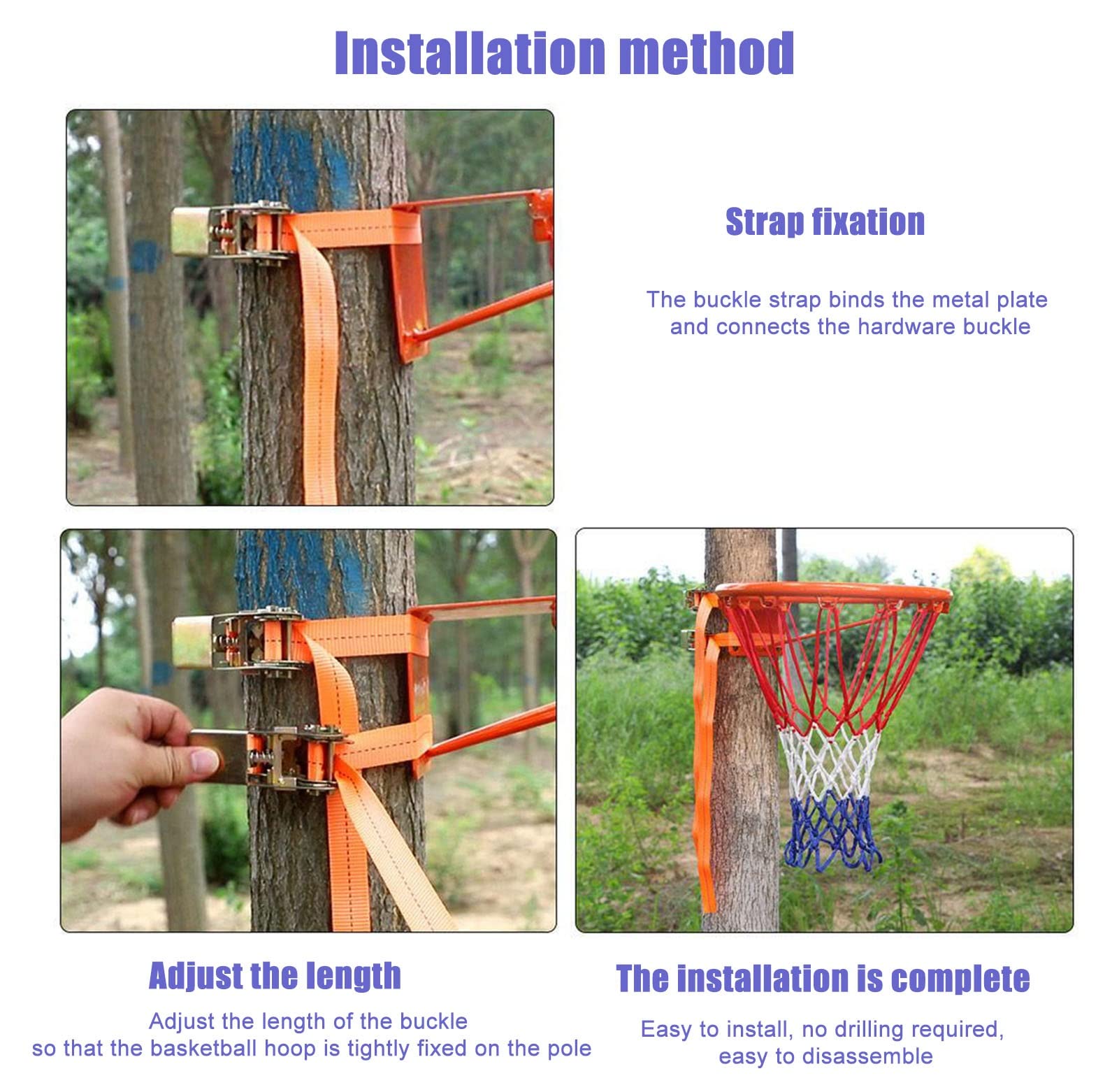 Canestro da basket per recinzione/albero/palo, da parete, con cinghie regolabili e rete in nylon, kit da basket per esterni