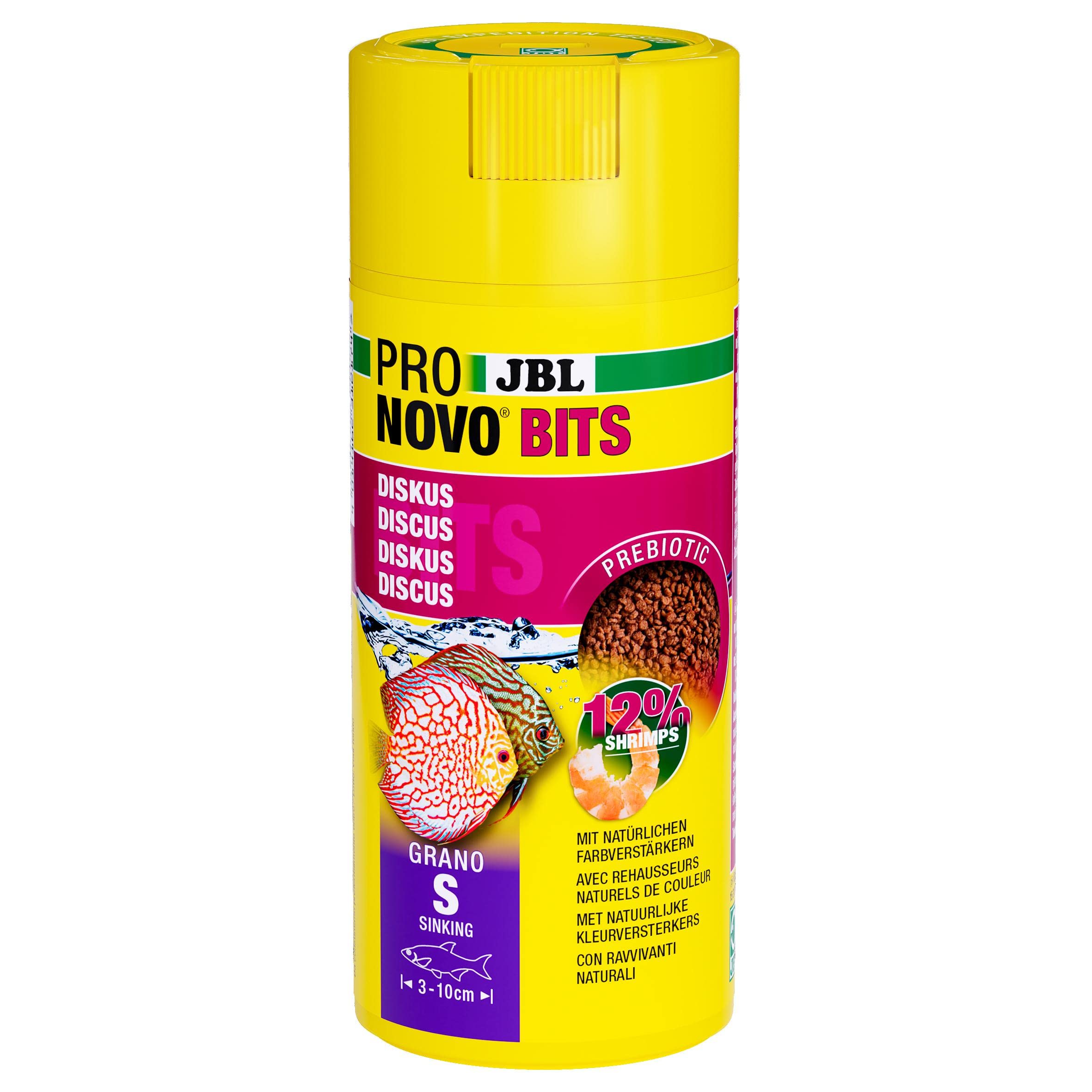 JBL PRONOVO bits Grano, alimento Principal para Discos y cíclidos de 3 a 10 cm, dosificador de Clic, gránulos para piensos para Peces, Talla S, 250 ml