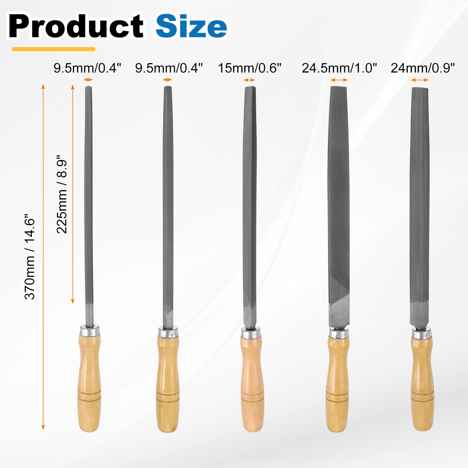 QUARKZMAN 5Pcs Set Lima In Metallo 10" Denti Grossi Acciaio Ad Alto Contenuto Di Carbonio Con Manico In Legno Quadrata/Piatta/Triangolare/Mezzotonda/Rotonda