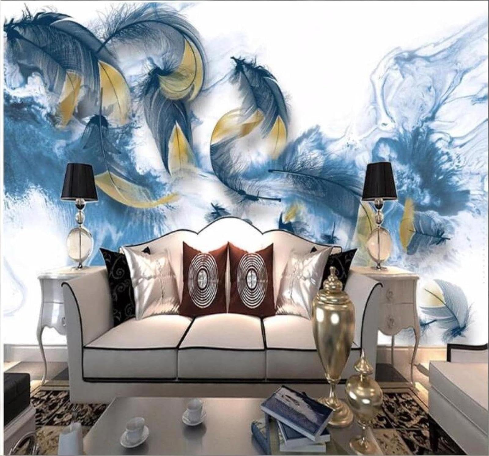 XLMING Abstract Ink Wash Blue Mist Feathers 3D Wallpaper Luxury Home Dining Decor Paste Sofa Living Room The Wall for Bedroom Mural-350cm×256cm