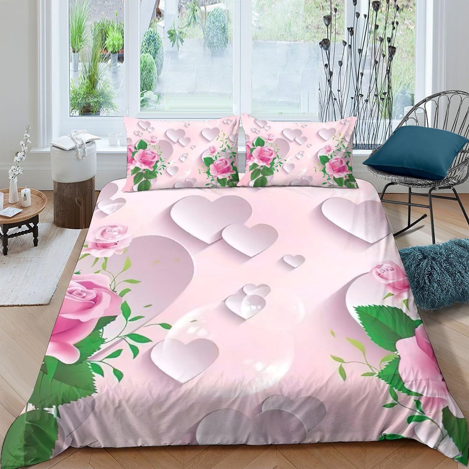 Ctjqhvkz Style-6 3D Printed Pink Roses Hearts Fitted Sheet Microfiber Soft Decorative Bed Cover For Bedroom Guest Room Dorm Single（135X200cm）