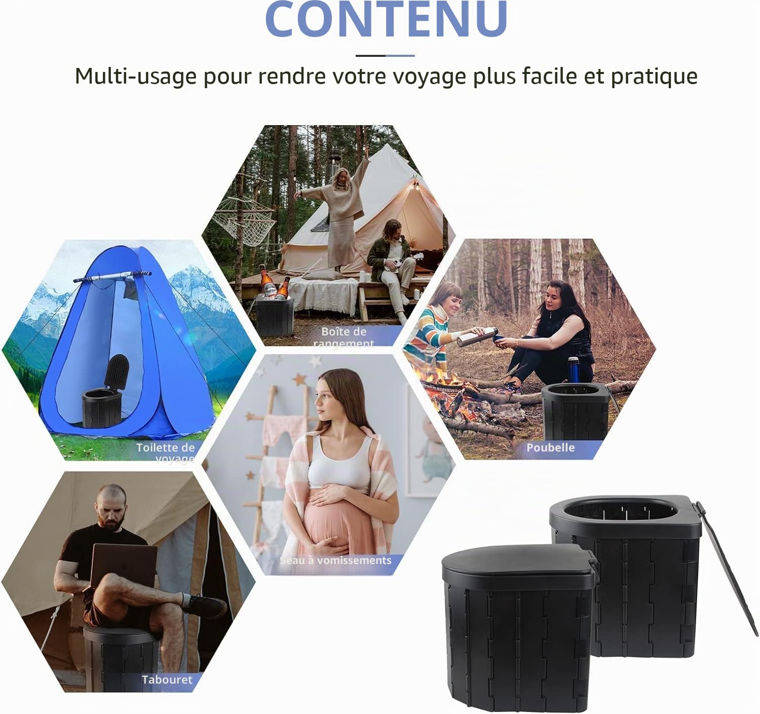 Toilettes de camping, toilettes portables pour adultes et enfants, pot Porta pliable et étanche pour camping, voiture, seau, voyage, extérieur, randonnée, voyages, bateau, plage, tente (noir)