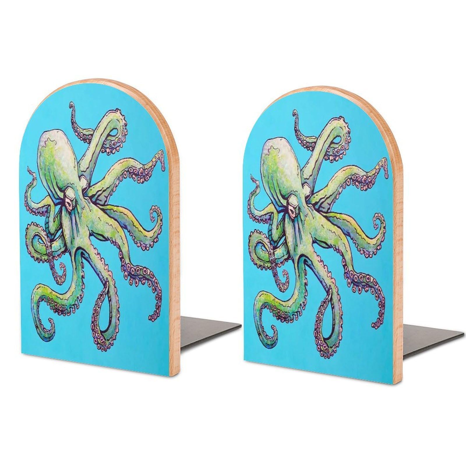 Octopus Sea Blue Printed Beech Wood Bookends Heavy Duty Book Organizers Desktop File Holder for Office Home Bookshelf
