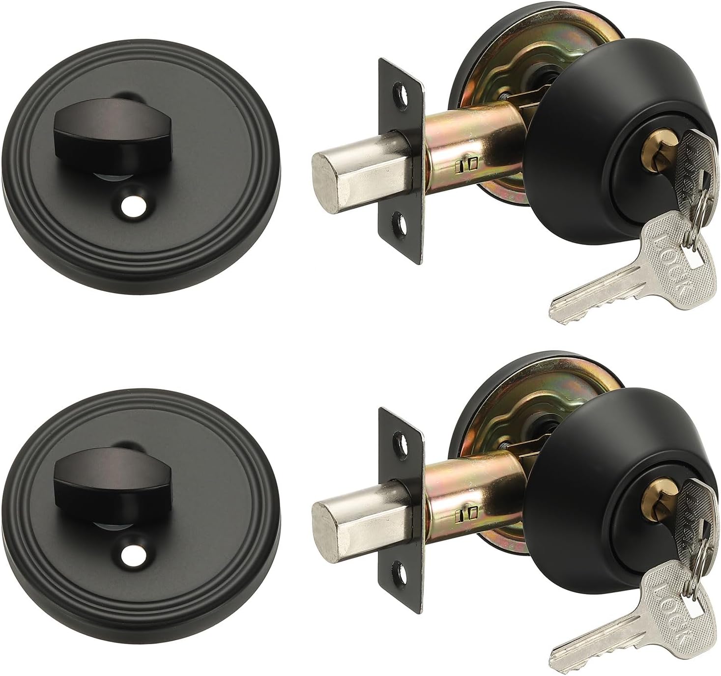 MECCANIXITY Keyed Alike Single Cylinder Deadbolt Door Lock Round Entry Front Door Handle Sets for Door Thickness 1.2-2 Inch (Black, Pack of 2)