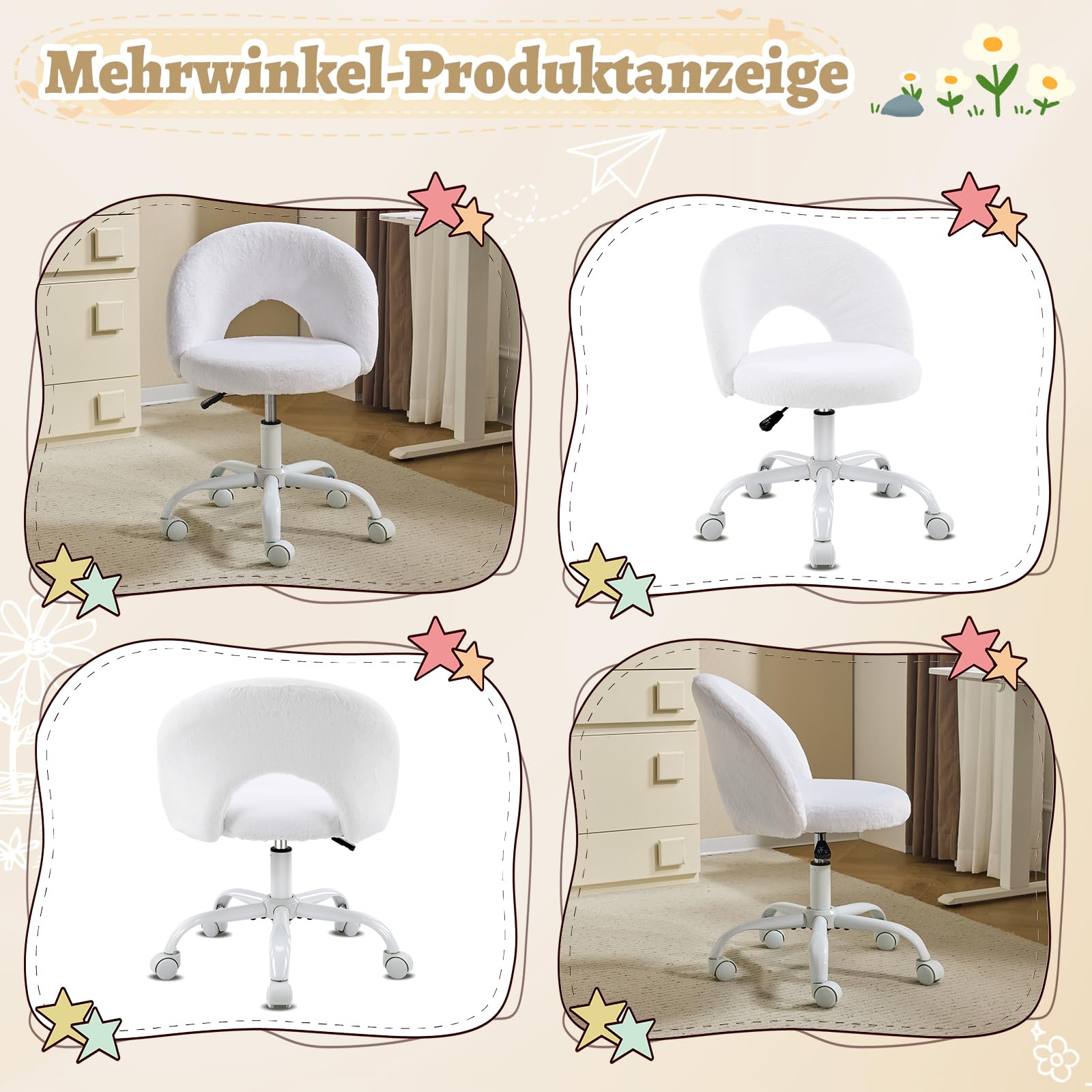 VINGLI Bürostuhl mit Rollen, Drehstuhl für mädchen Zimmer, Weiß