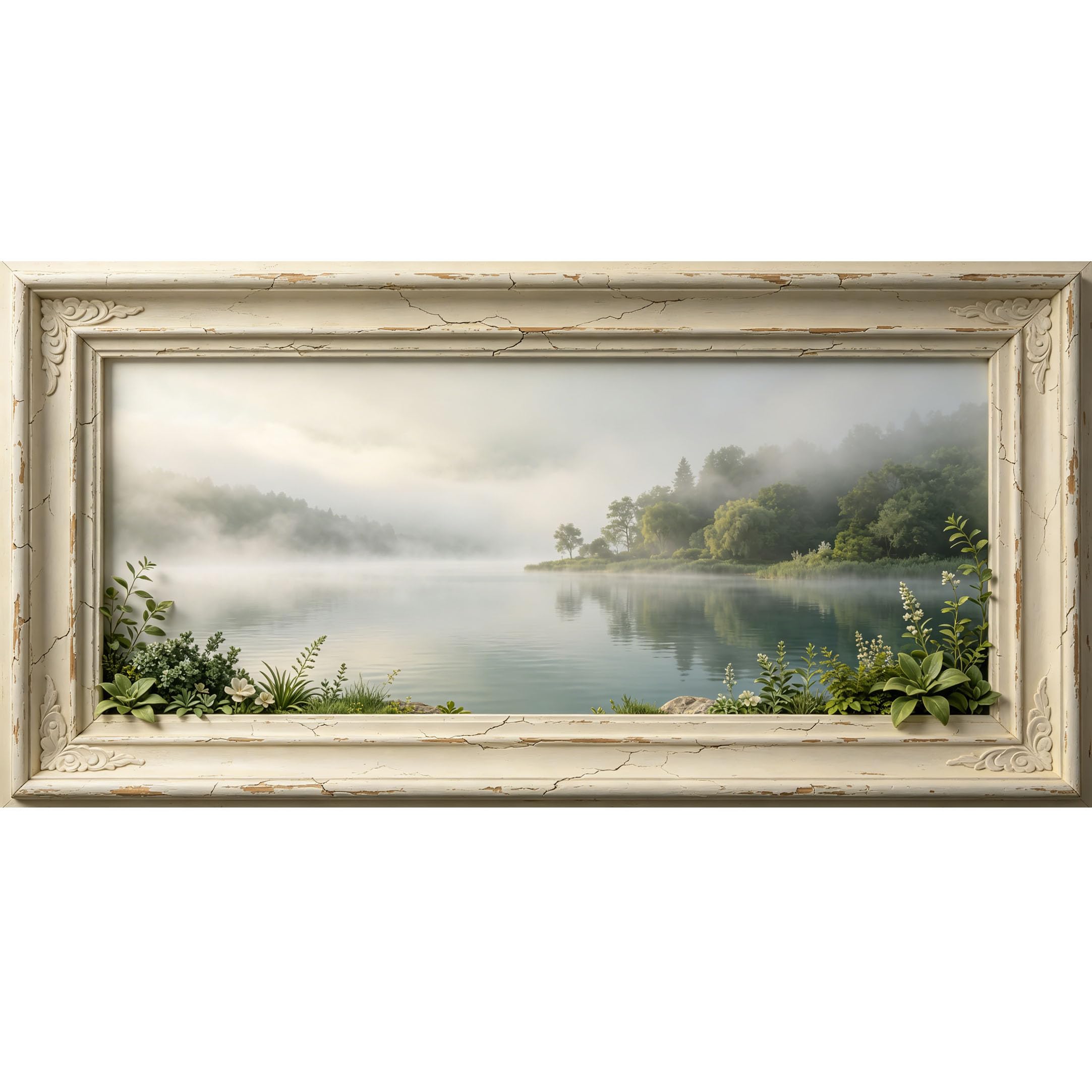 Agglomerix 3D Framed Wall Art Misty Lake Forest Landscape Farmhouse Style Mountain View Large Size SelfAdhesive Removable Wall Decor Prints Artwork for Living Room Bedroom Office