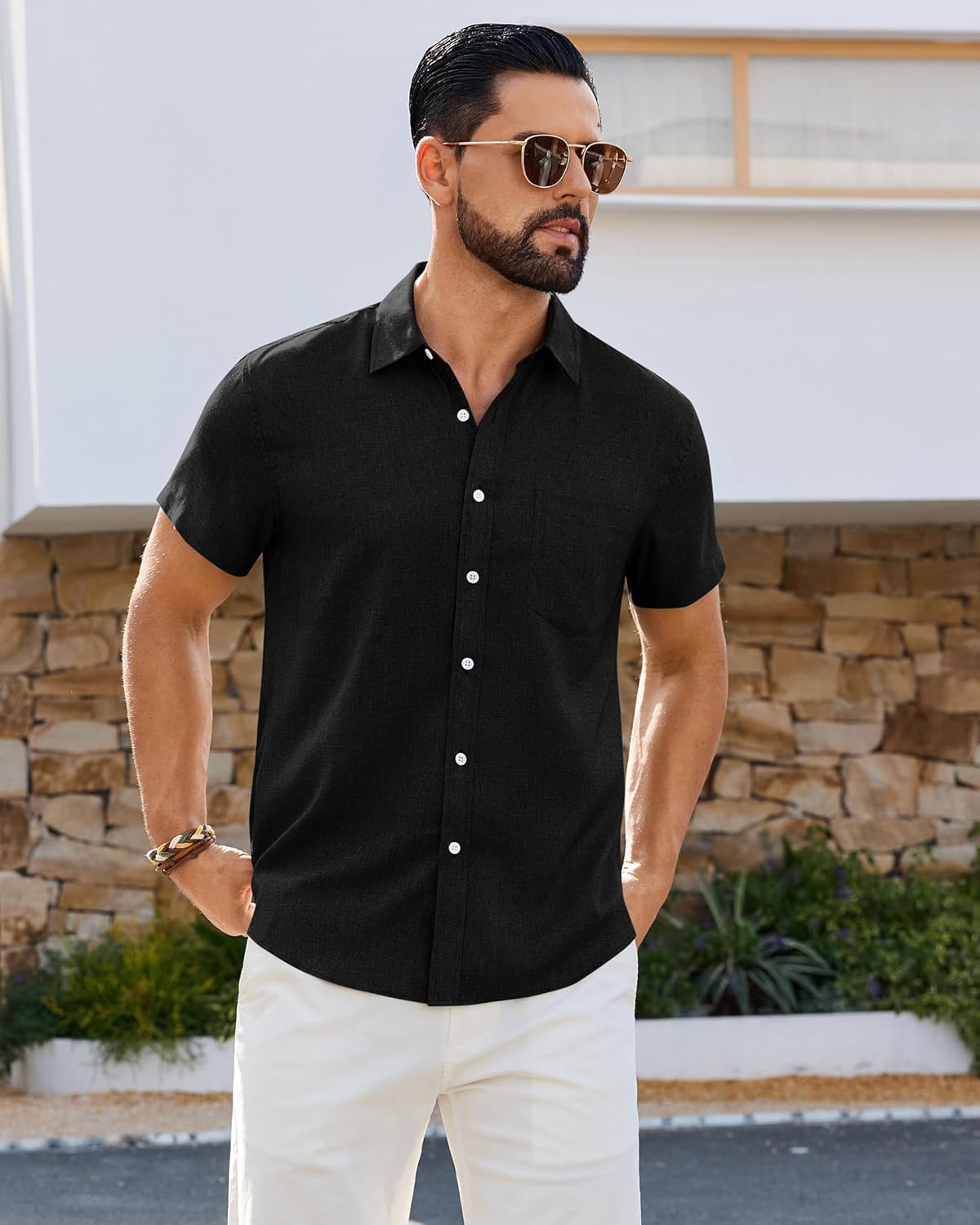 DEMEANOR Mens Linen Shirts Short Sleeve Casual Wrinkle Free Button Down Shirt Lightweight Beach Vacation Summer Wedding Tops - Image 5