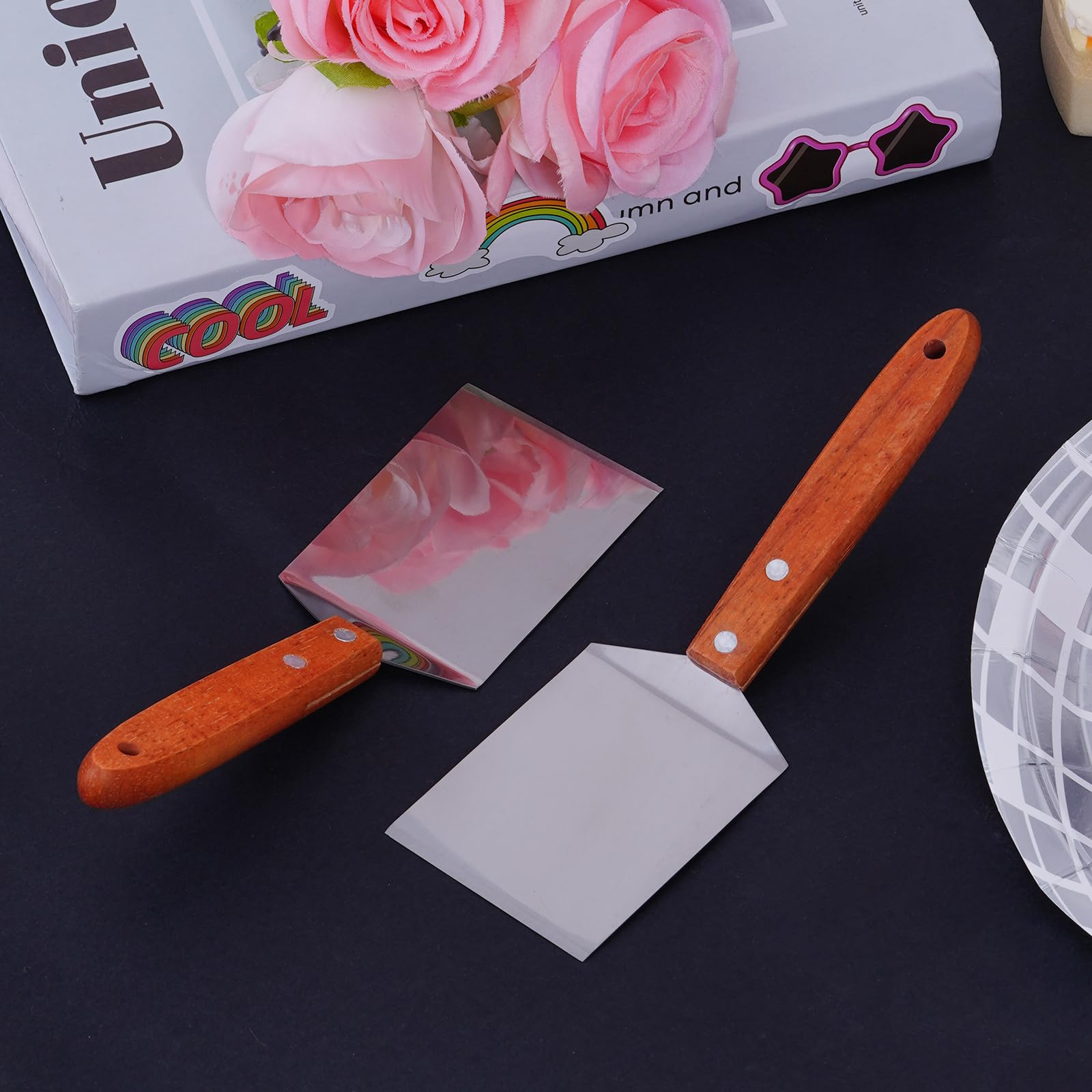 2 espátulas pequeñas de brownie para galletas de acero inoxidable con mango de madera para cocina, cocina, espátula, espátula para hornear, 2.5 x 8.2 pulgadas 4