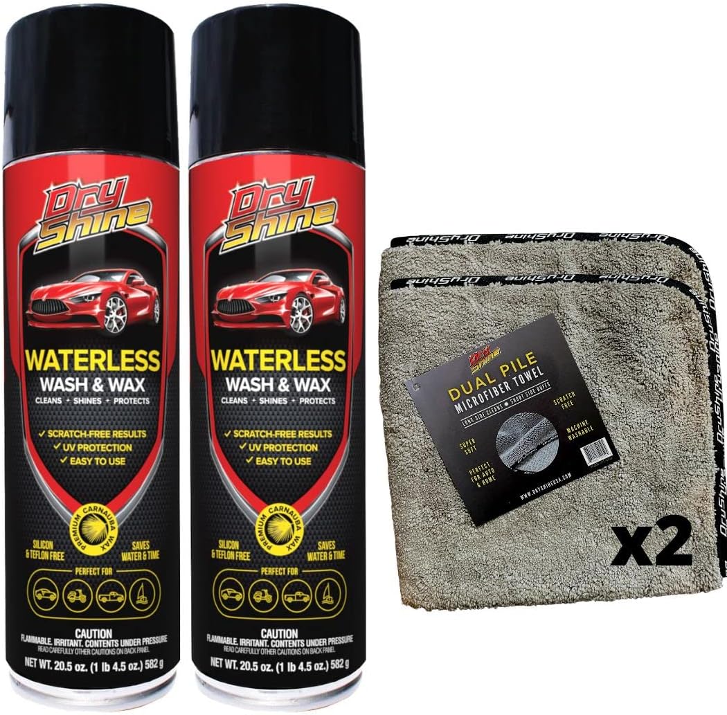 DRYSHINE Waterless Car Wash and Wax Kit 2 Pack + 2 Dual Pile Microfiber Towels/Detailing Kit/Rinseless Wash/Car Cleaning Supplies/Car Polish/Spray Wax For Automobile/Water Spot Remover For Vehicle