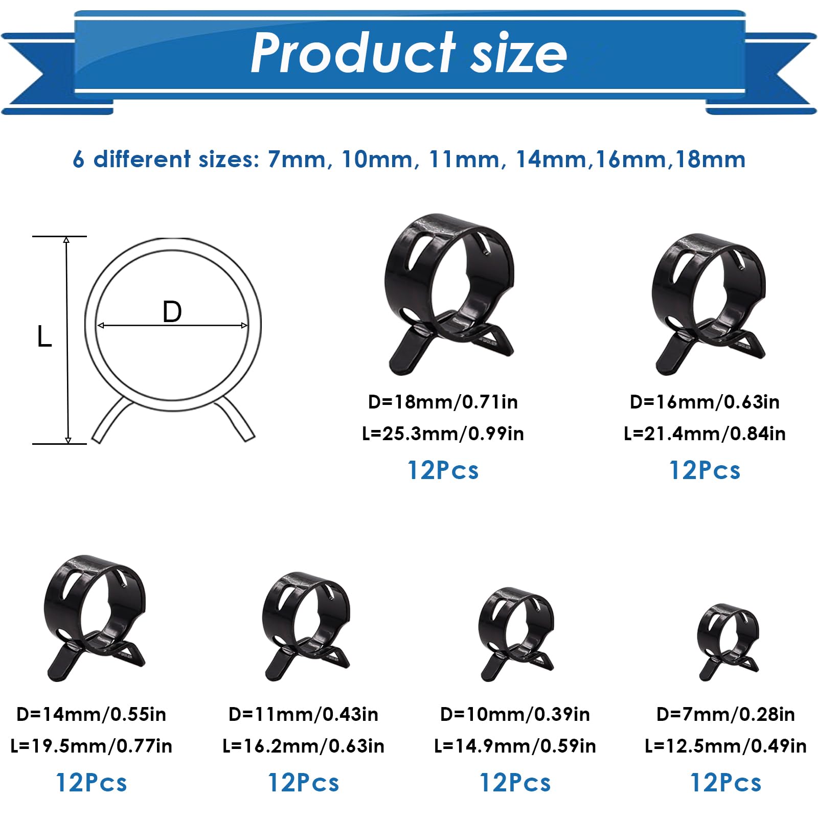 mxuteuk 72Pcs Spring Hose Clamps Fuel Line Silicone Vacuum Hose Low Pressure Air Clamps & Sleeving Automotive Replacement Fastener Assortment Kit 6 Sizes (7mm 10mm 11mm 14mm 16mm 18mm) Black - Image 2